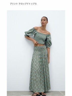 Zara Set Off-Shoulder Smocked Crop Top in Sage Print
